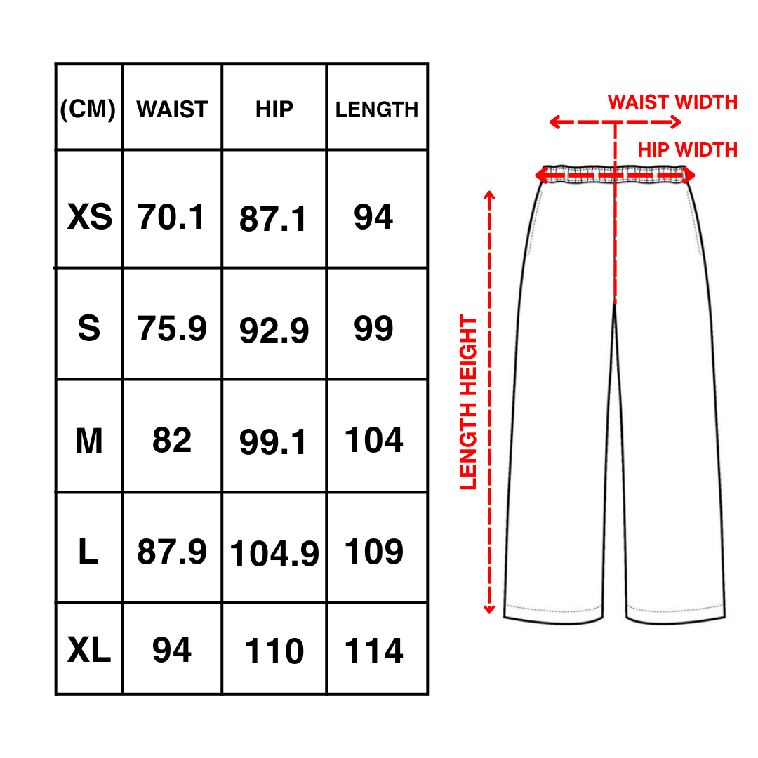 Pants size chart in centimeters