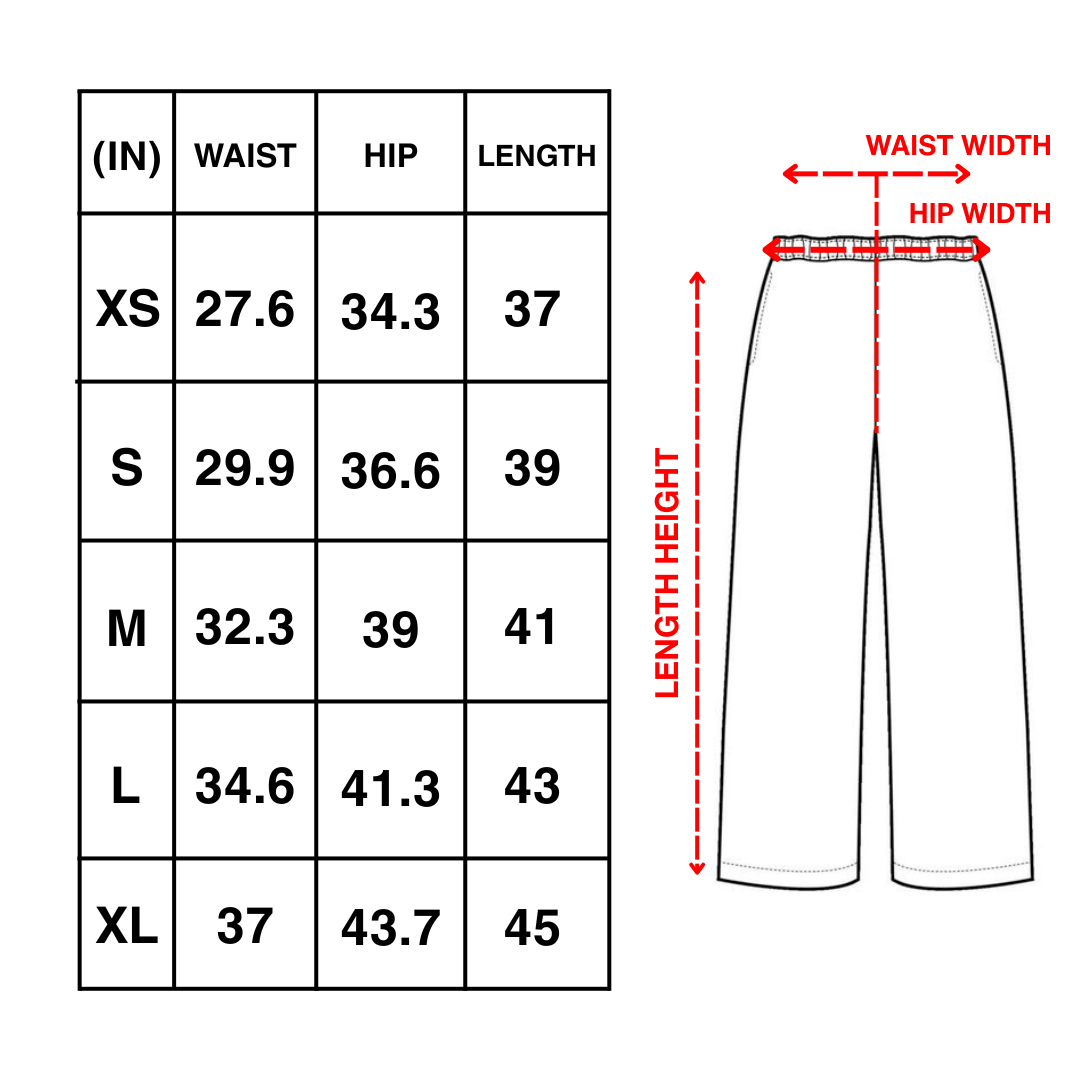 Pants size chart in inches