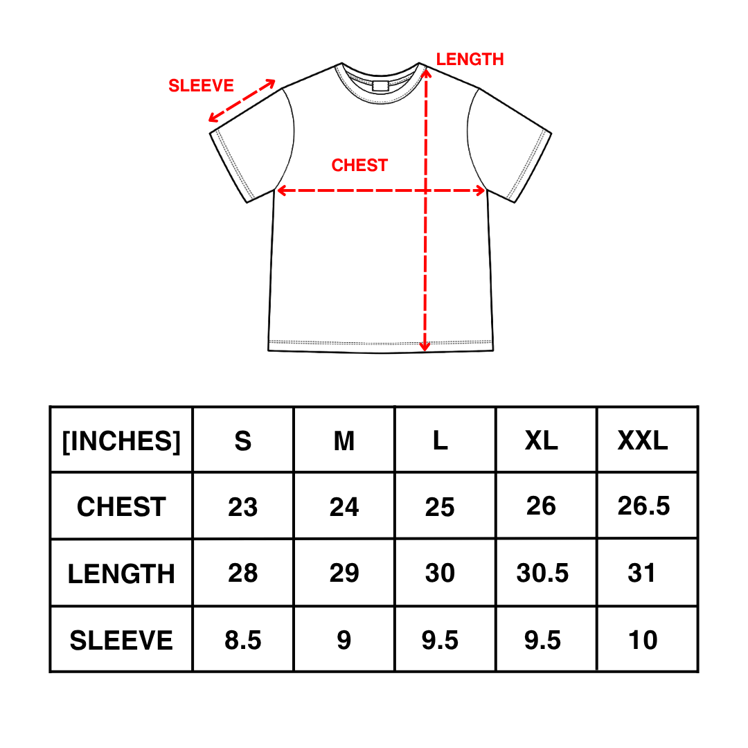 T-Shirt size chart in inches