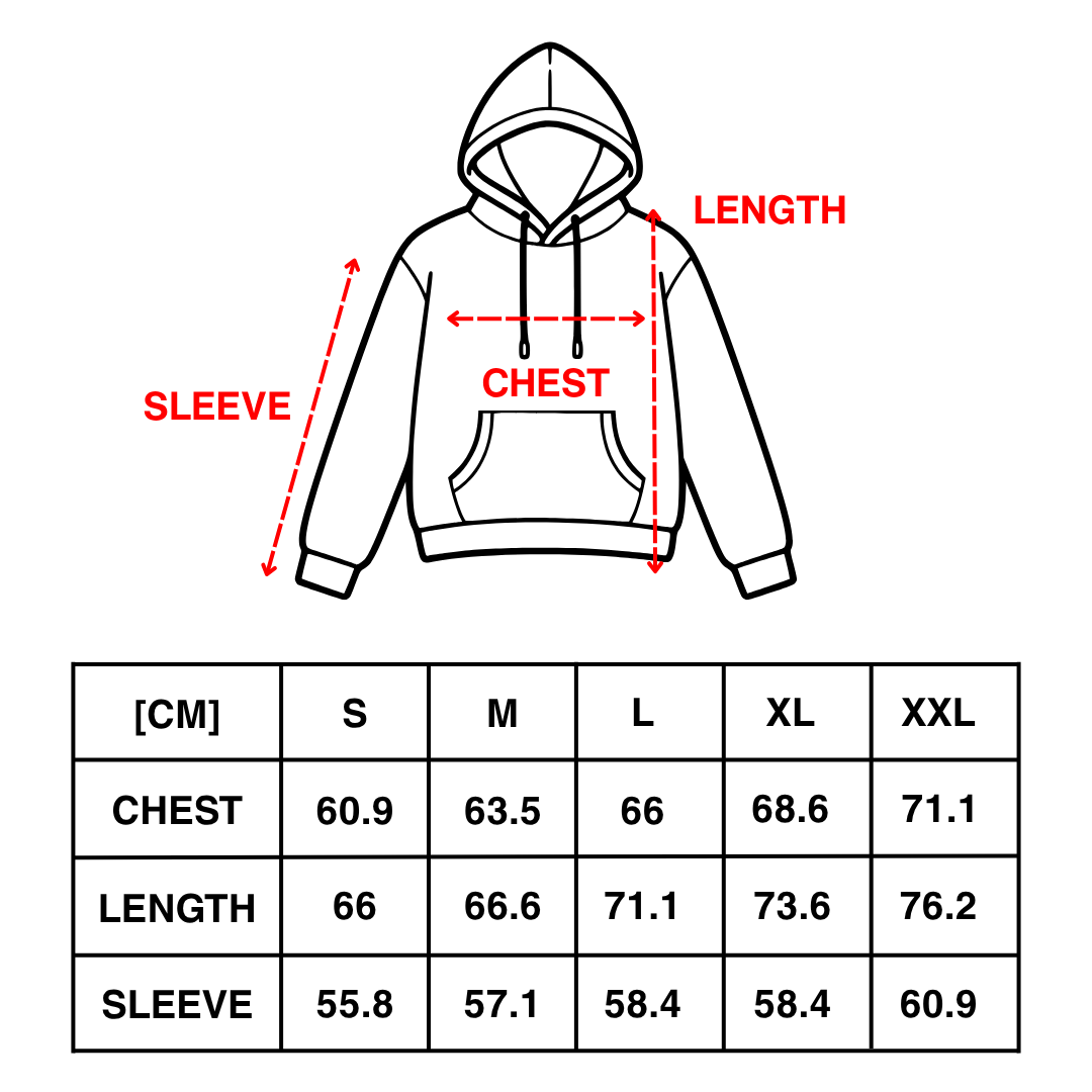 Hoodie size chart in centimeters