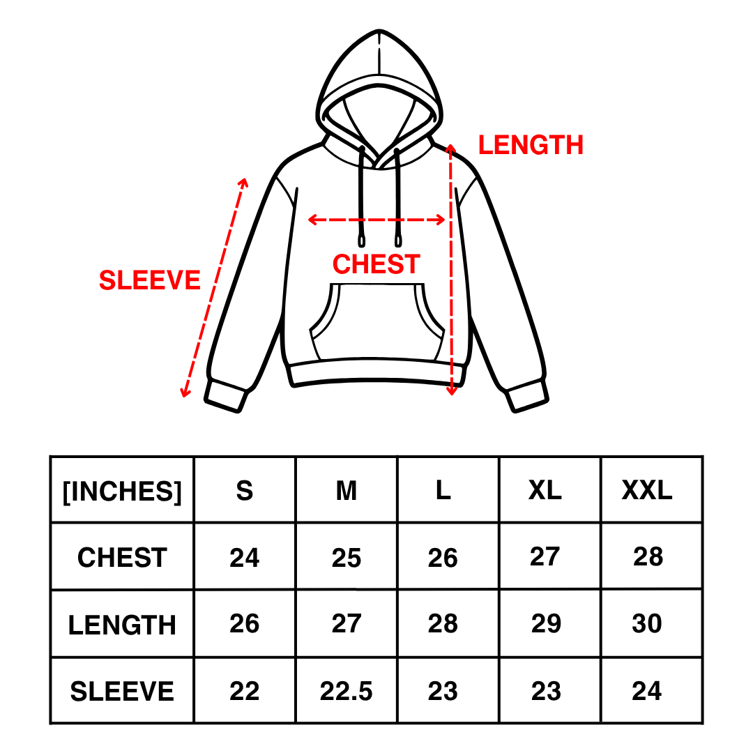 Hoodie size chart in inches